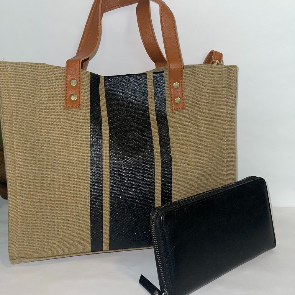 Striped Canvas Crossbody Tote with strap with black wallet New with tags